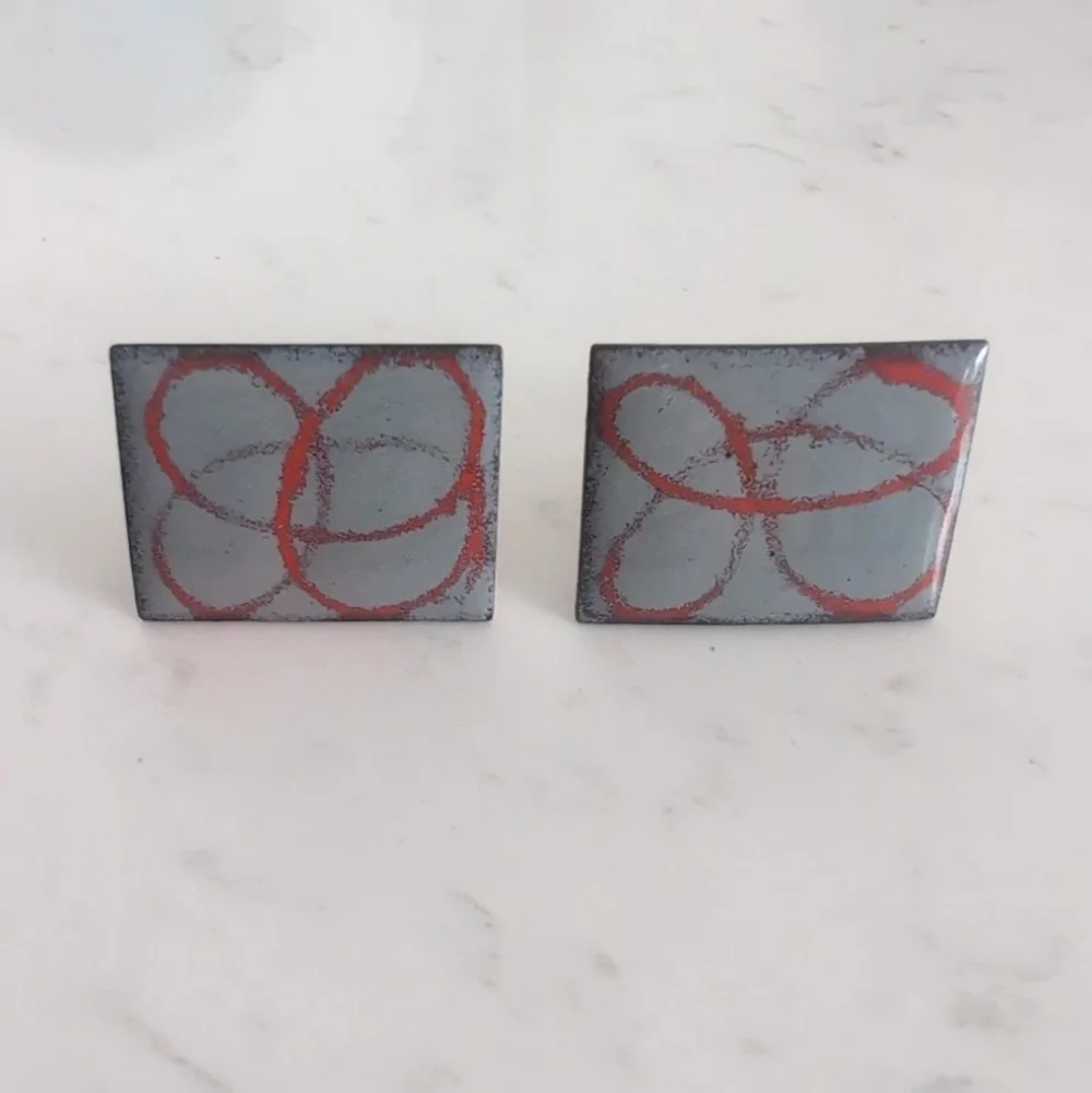Vintage Mid Century Copper Enamel Cufflinks Abstract Modernist Signed RC